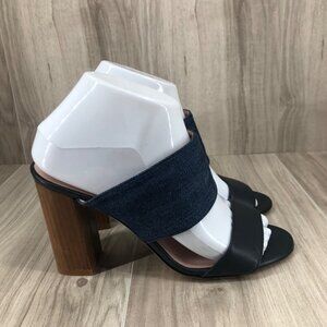 Kate Spade Sandals Womens 7.5B Blue Leather and Denim Slip On Heel Shoes